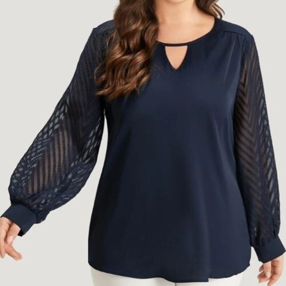NWT Bloomchic Women's Blue Keyhole Lace Patchwork Lantern Sleeve Blouse Size 26